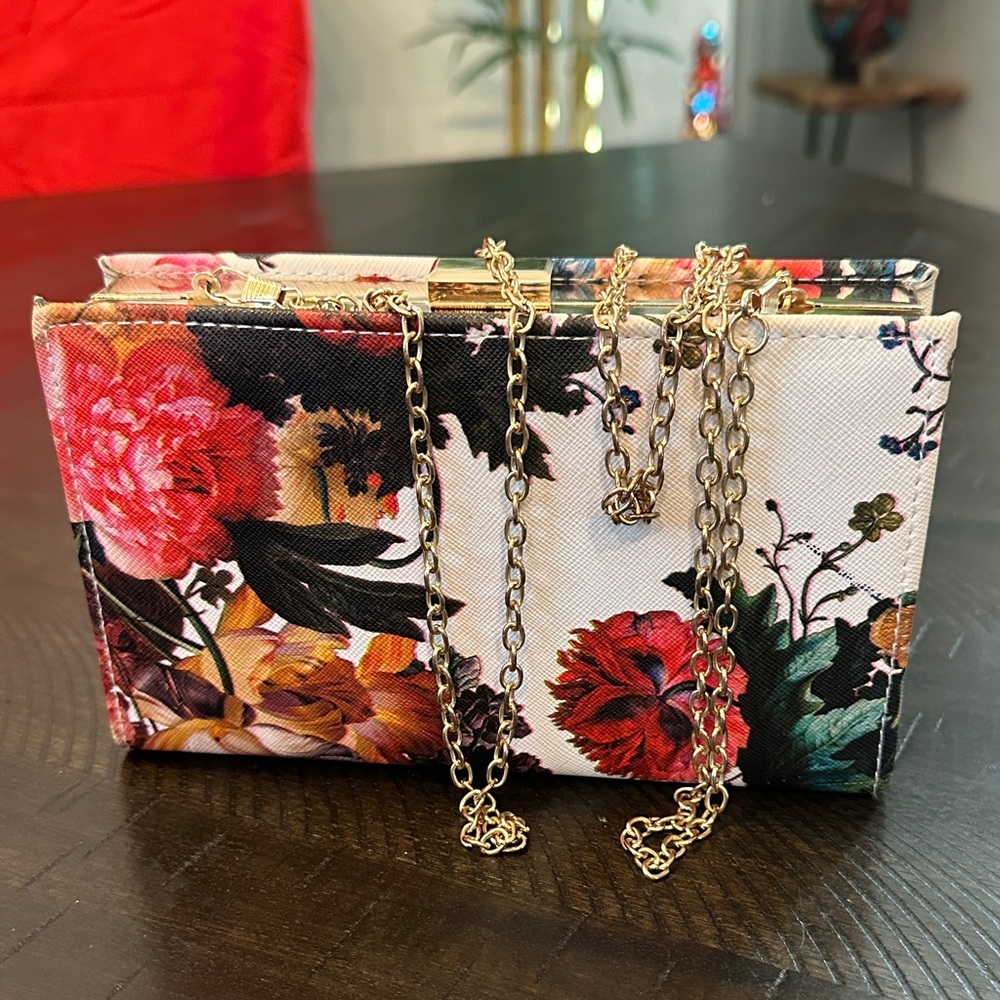 Lulu Townsend Multicolor Floral Clutch with Gold Chain